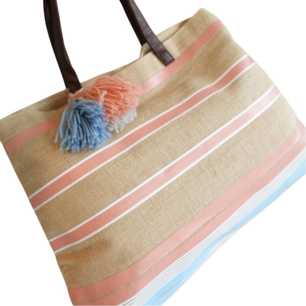 ION Cabana Tote / Jute Exterior Coral and Blue Summer Bag